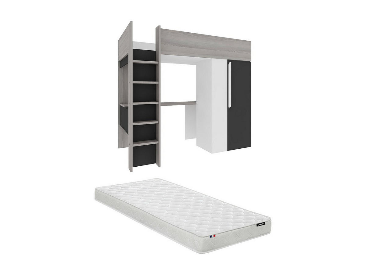 HOCHBETT mit Schrank & Schreibtisch + Matratze - 90 x 200 cm - Anthrazit & Weiß - NICOLAS II - Anthrazit, Holz (110/205.2cm) - Vente-Unique