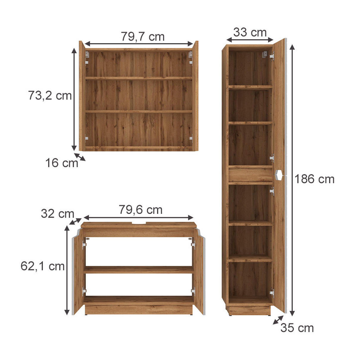 BADMÖBEL-SET Lotta Eiche/Grau mit Kachelstruktur 3 Teile - Eichefarben/Grau, Holzwerkstoff (79.6/62.1/32cm) - Vicco