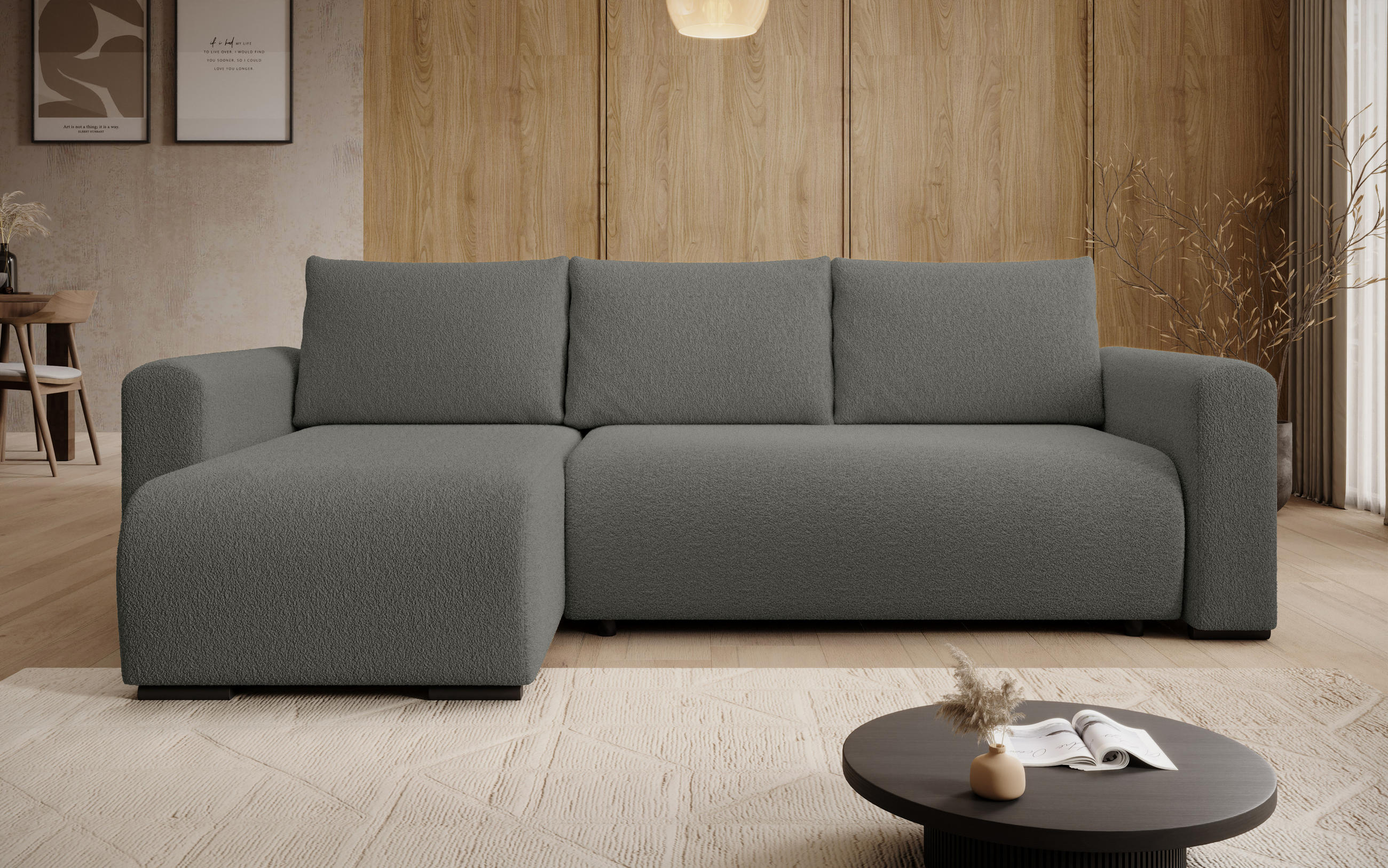 ECKSOFA DORA L, Eckcouch in L-Form mit Schlaffunktion und Bettkasten, Farbe: Dunkelgrau, Bouclé-Stoff, Ottomane Links - Dunkelgrau, Textil (240/143cm) - Storez24