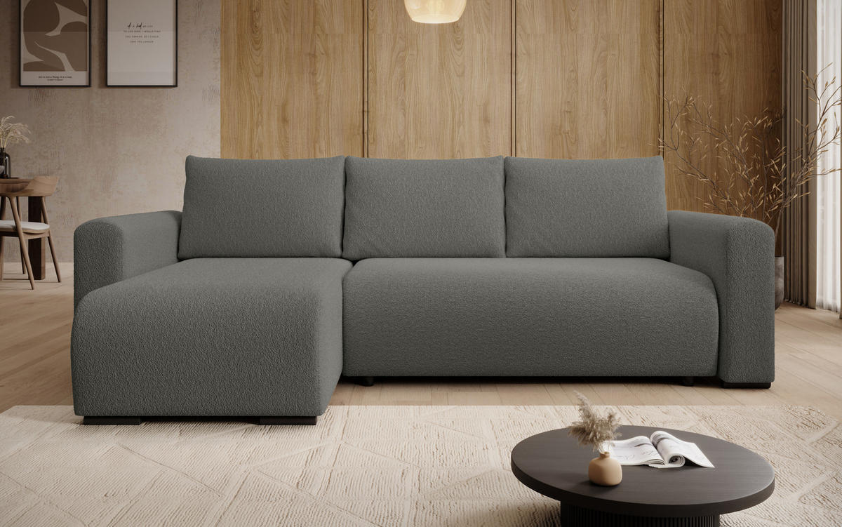 ECKSOFA DORA L, Eckcouch in L-Form mit Schlaffunktion und Bettkasten, Farbe: Dunkelgrau, Bouclé-Stoff, Ottomane Links - Dunkelgrau, Textil (240/143cm) - Storez24