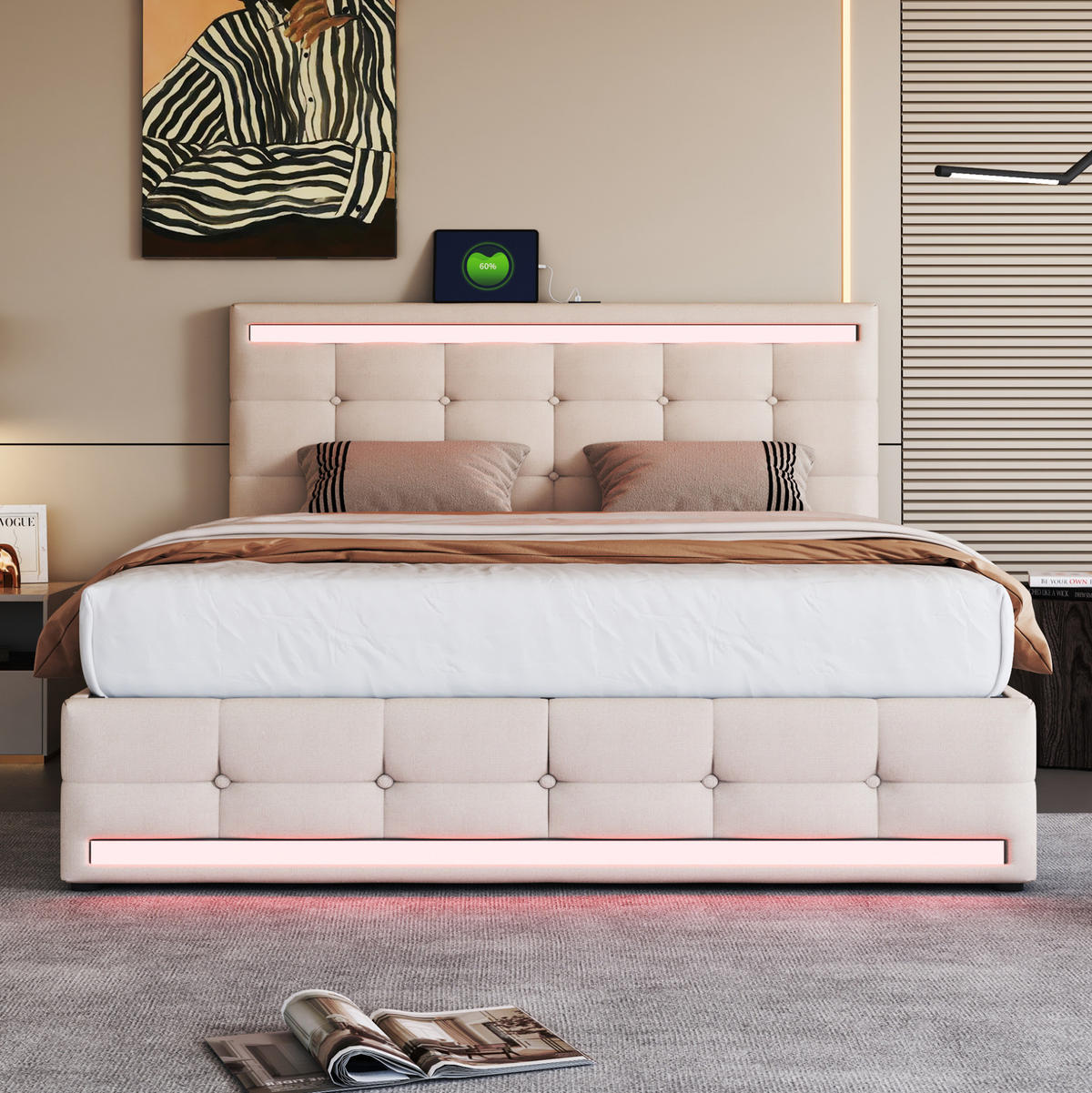 ČALÚNENÁ posteľ 140/200 cm béžová, čalúnená s LED osvetlením, 4 zásuvky a USB - béžová, textil (140/200cm) - BEAOK
