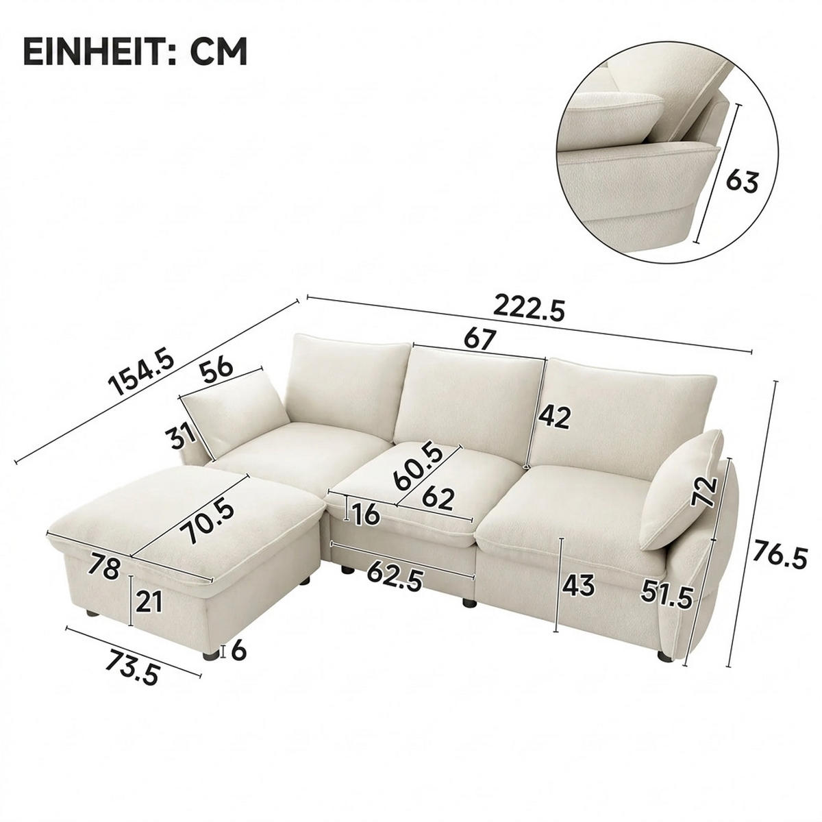 ECKSOFA 222.5/154.5/76.5 cm Beige Chenille mit 1 Fußhocker - Beige, Textil (222.5/154.5cm) - Oxeza