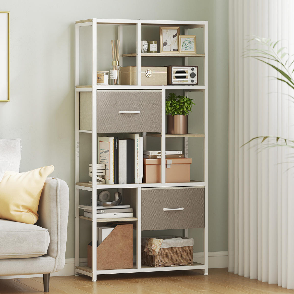 REGAL DE-15550 72,5/30/150 cm, 6 Ebenen mit 2 Stoffschubladen Weiß - Eichefarben, Metall (72.5/150/30cm) - ComfortXL