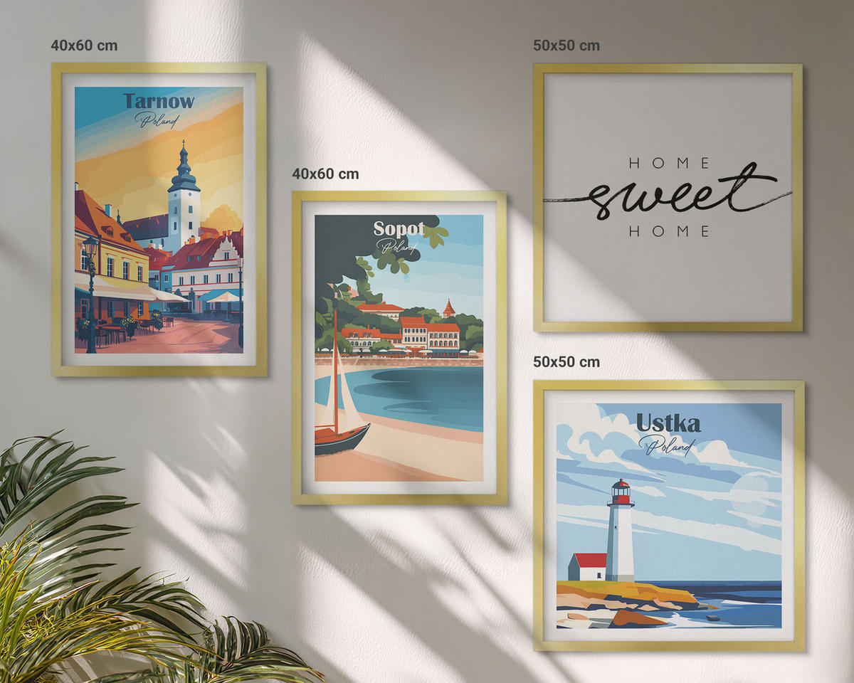 BILDER SET 4er Set - 50x50 cm & 40x60 cm Goldrahmen - Polnische Städte Ustka Tarnów Sopot - Goldfarben, Kunststoff (50/50cm) - TULUP