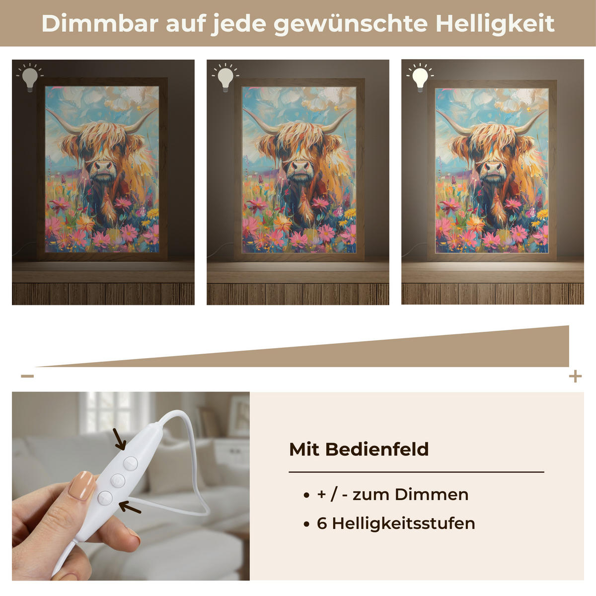 NÁSTĚNNÁ LAMPA Skotský horal - Příroda - Barevné - Květiny 20x30 cm - různobarevná, kompozitní dřevo (20/30/8cm) - OnlyWow