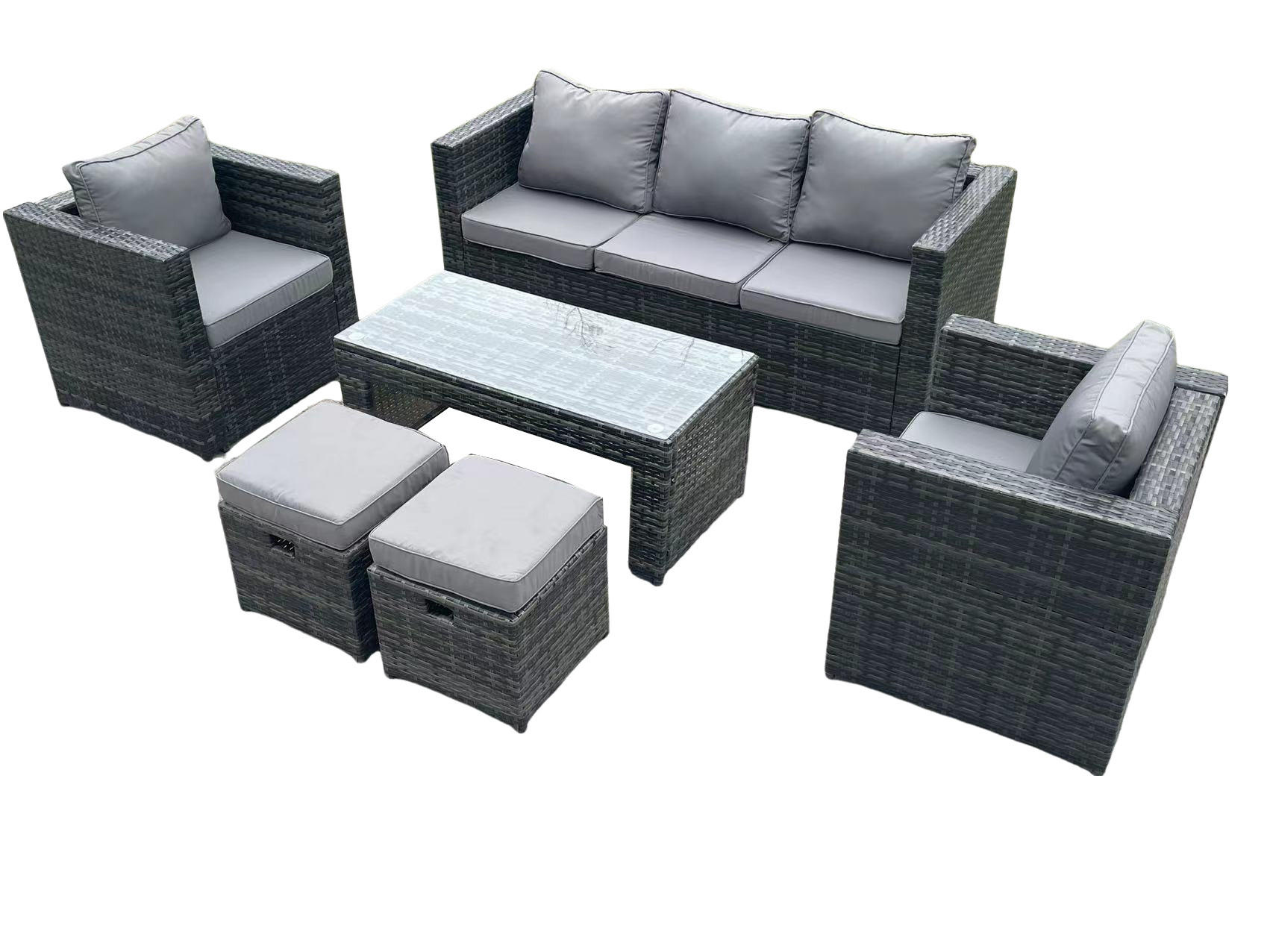 GARTENSET Polyrattan 7-Sitzer - Dunkelgrau/Grau, Glas/Kunststoff - Fimous
