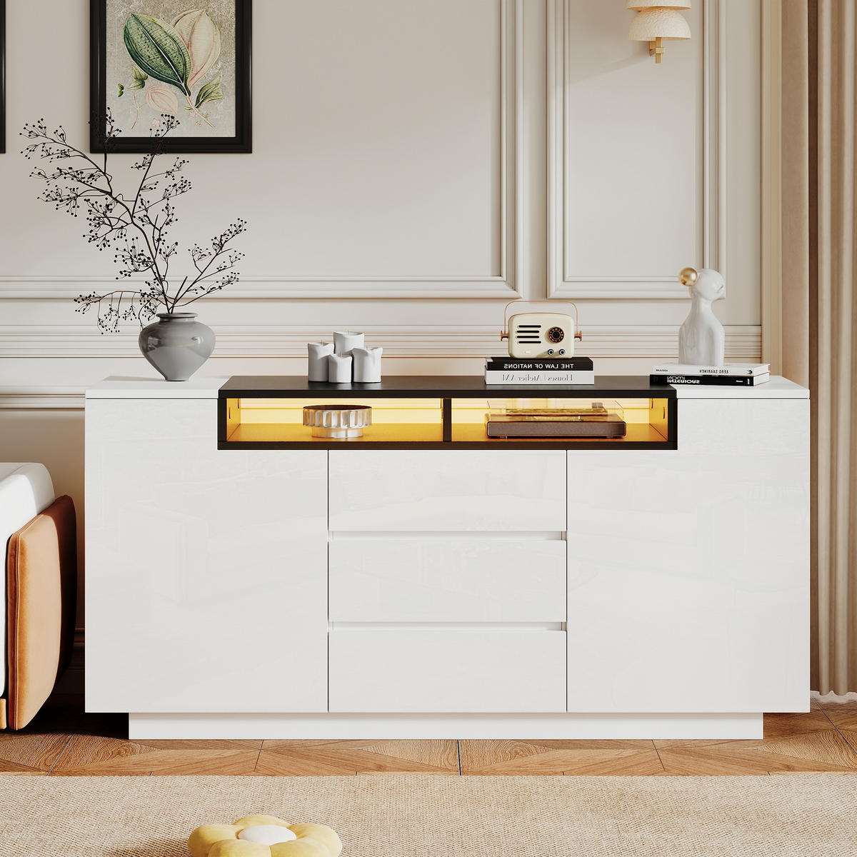 SIDEBOARD 140/40/68 cm Weiß/Schwarz mit 2 Türen und 3 Schubladen - Weiß, Holzwerkstoff (140/68/40cm) - OKWISH