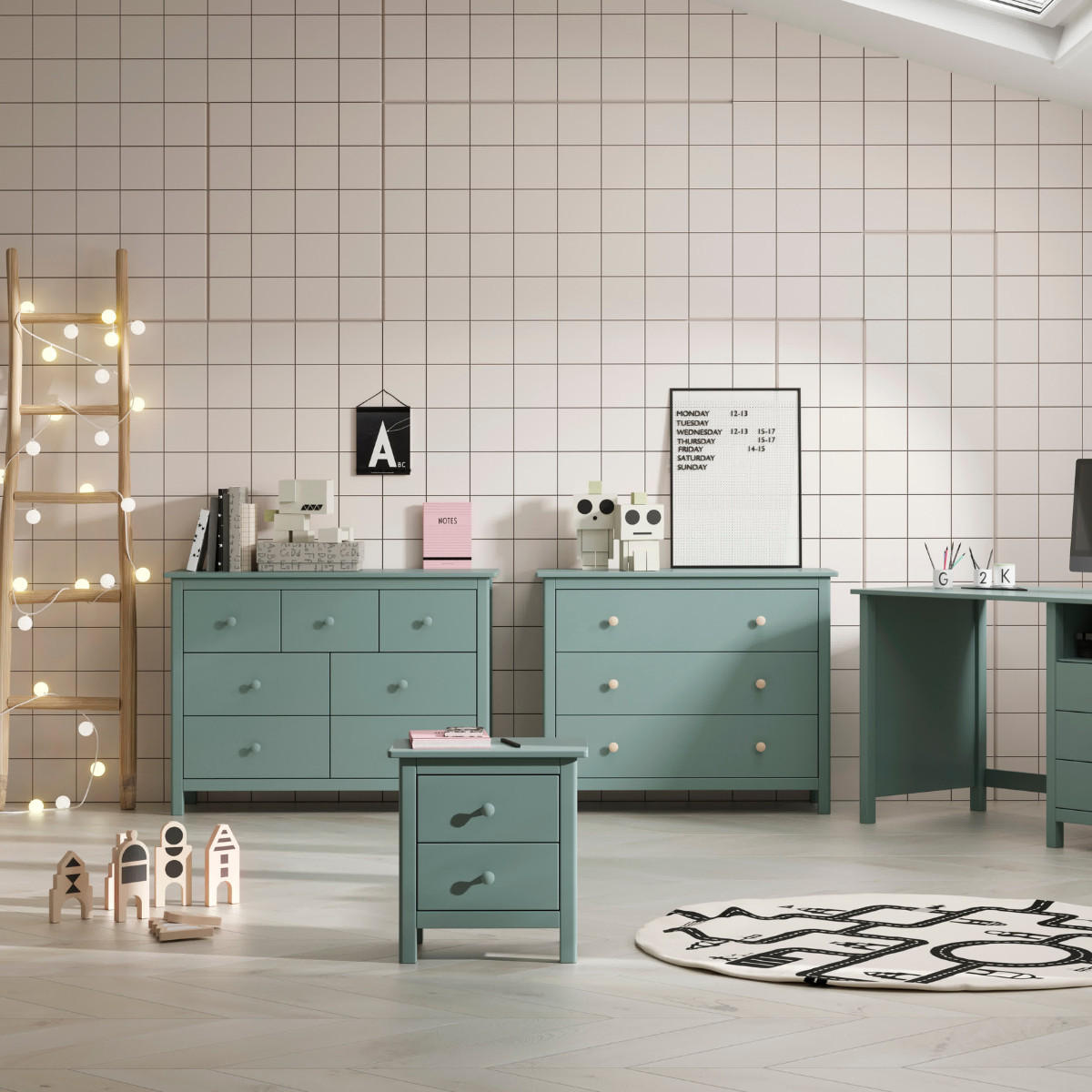 KOMMODE 4 + 3 Schubladen Dekor petrolgrün lackiert L110 cm 40/110/80 cm - Grün, Holz (40/80/110cm) - Calicosy