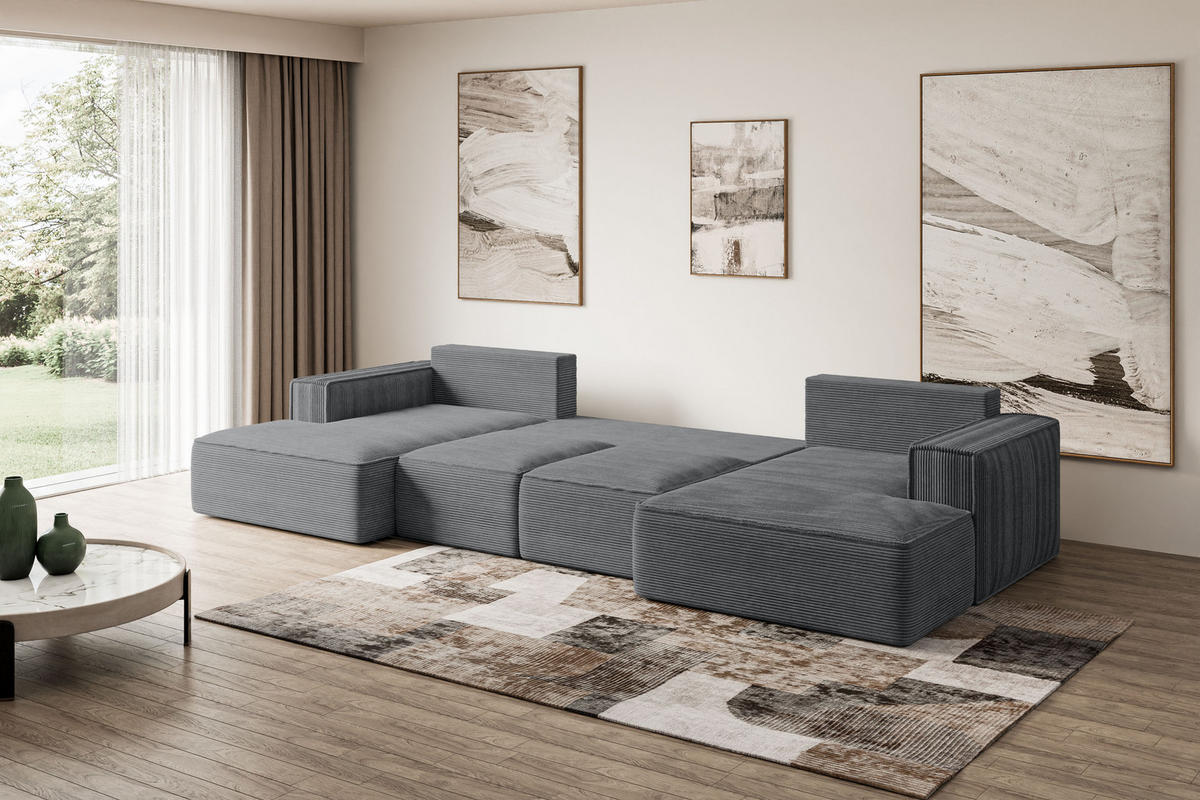 WOHNLANDSCHAFT mit Schlaffunktion und Bettkasten SIERRA-U-S - 349x161x87 cm Duneklgrau Cord - Dunkelgrau/Schwarz, Holzwerkstoff/Kunststoff (349/87/161cm) - ALTDECOR