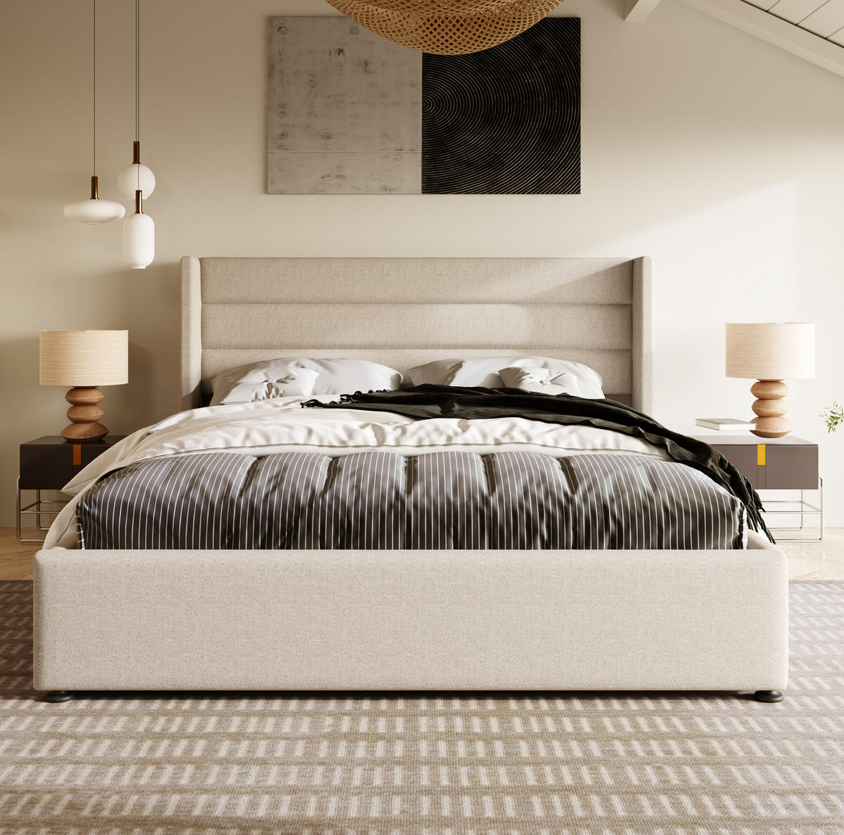 POLSTERBETT 180/200 cm Beige aus Leinen mit Stauraum - Beige, Textil (180/200cm) - OKMYHOME