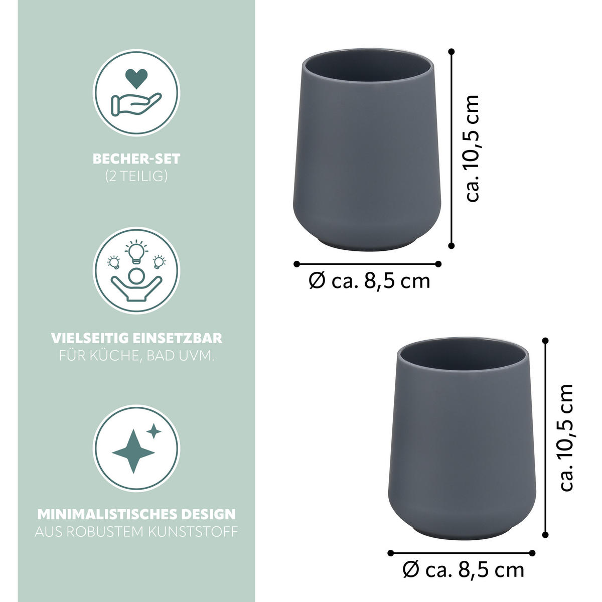 BECHER-SET TESERO 2tlg., Soft-Touch, grau - Grau, Kunststoff (8.5/10.5/8.5cm) - eluno