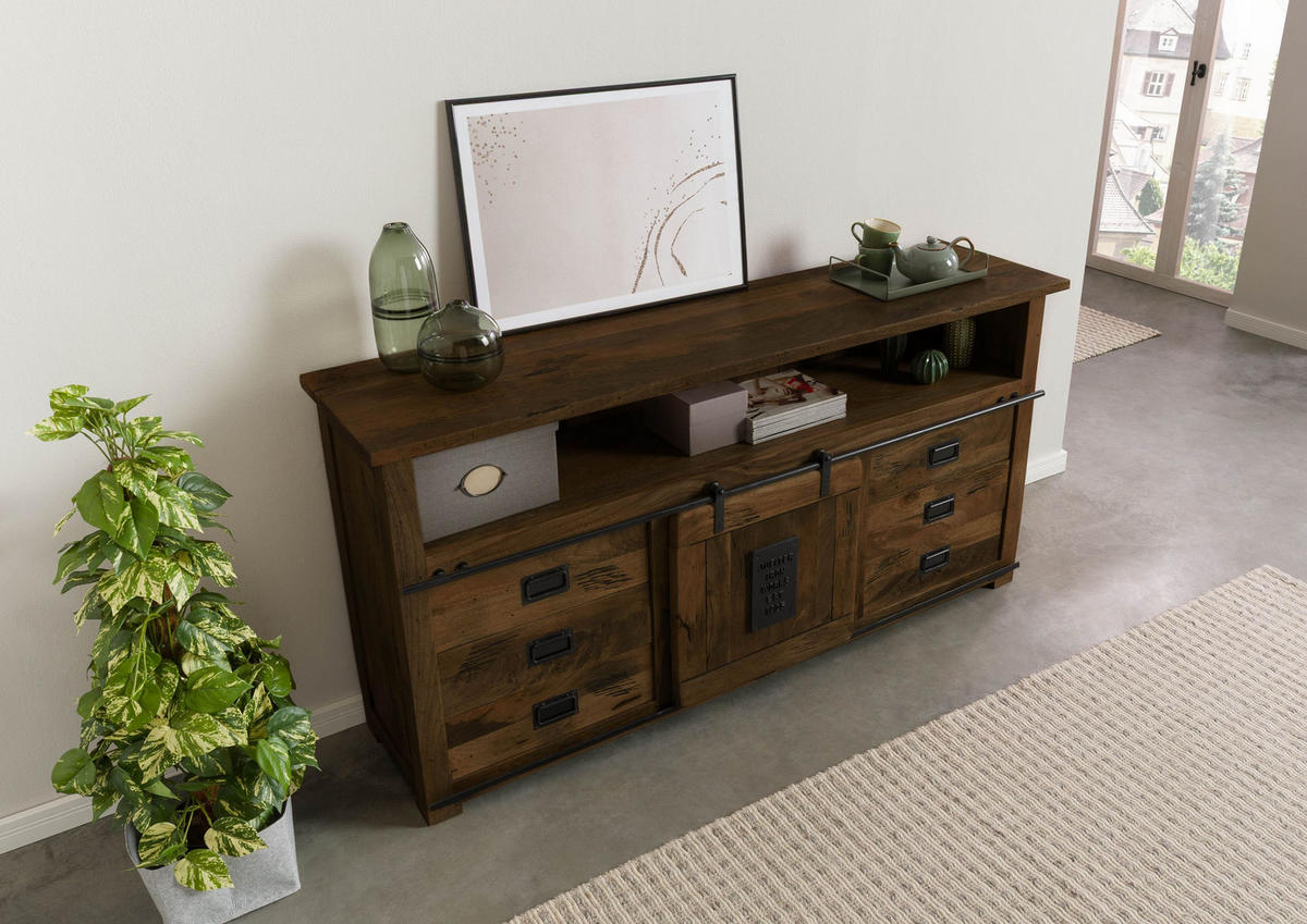 SIDEBOARD Mango 180x45x90 braun lackiert RAILWAY #467 - Braun, Holz (180/90/45cm) - Massivmoebel24