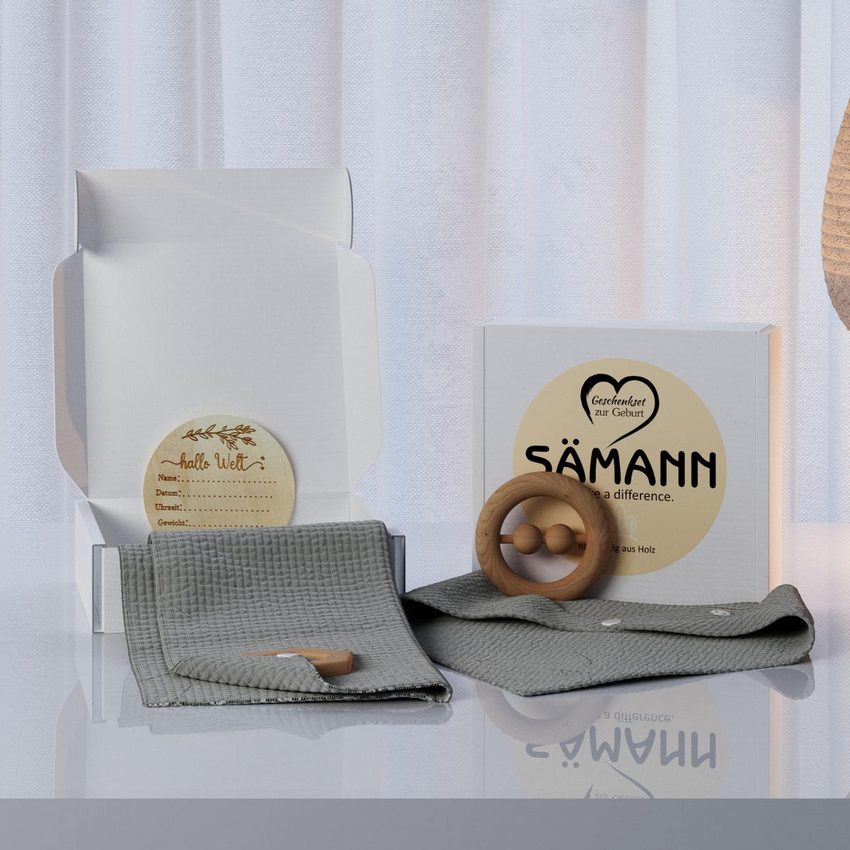 BABY Geschenkset 4-tlg. zur Geburt mit Halstuch, Rassel, Karte, Schmusetuch olivgrün - Olivgrün, Textil (10/10cm) - Sämann – make a difference.