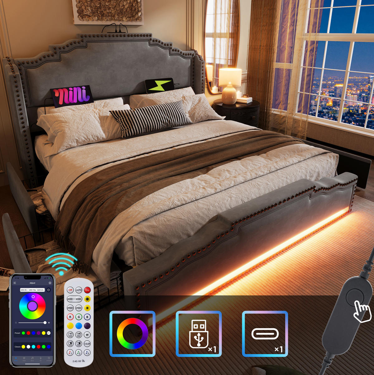 POLSTERBETT 180/200 cm aus Samt mit 4 Schubladen, LED und USB-/USB-C-Anschluss, Grau - Grau, Textil (180/200cm) - Redom