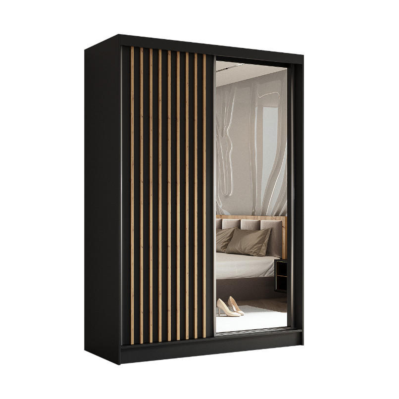 SCHWEBETÜRENSCHRANK Erika 150 cm mit Lamellen und Spiegel 2-türig, schwarz, schwarz, Lamelle Artisan - Schwarz/Eiche Artisan, Kunststoff (150/216/51cm) - Margaret Hadas24