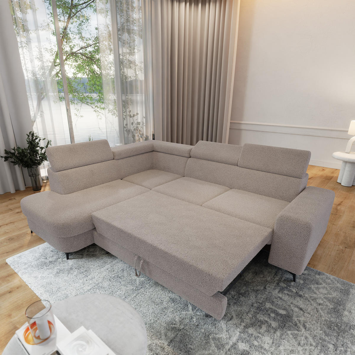 ECKSOFA ALVORO L-S Beige Boucle-Stoff mit Schlaffunktion - Beige, Holz (253/190cm) - MASSENO