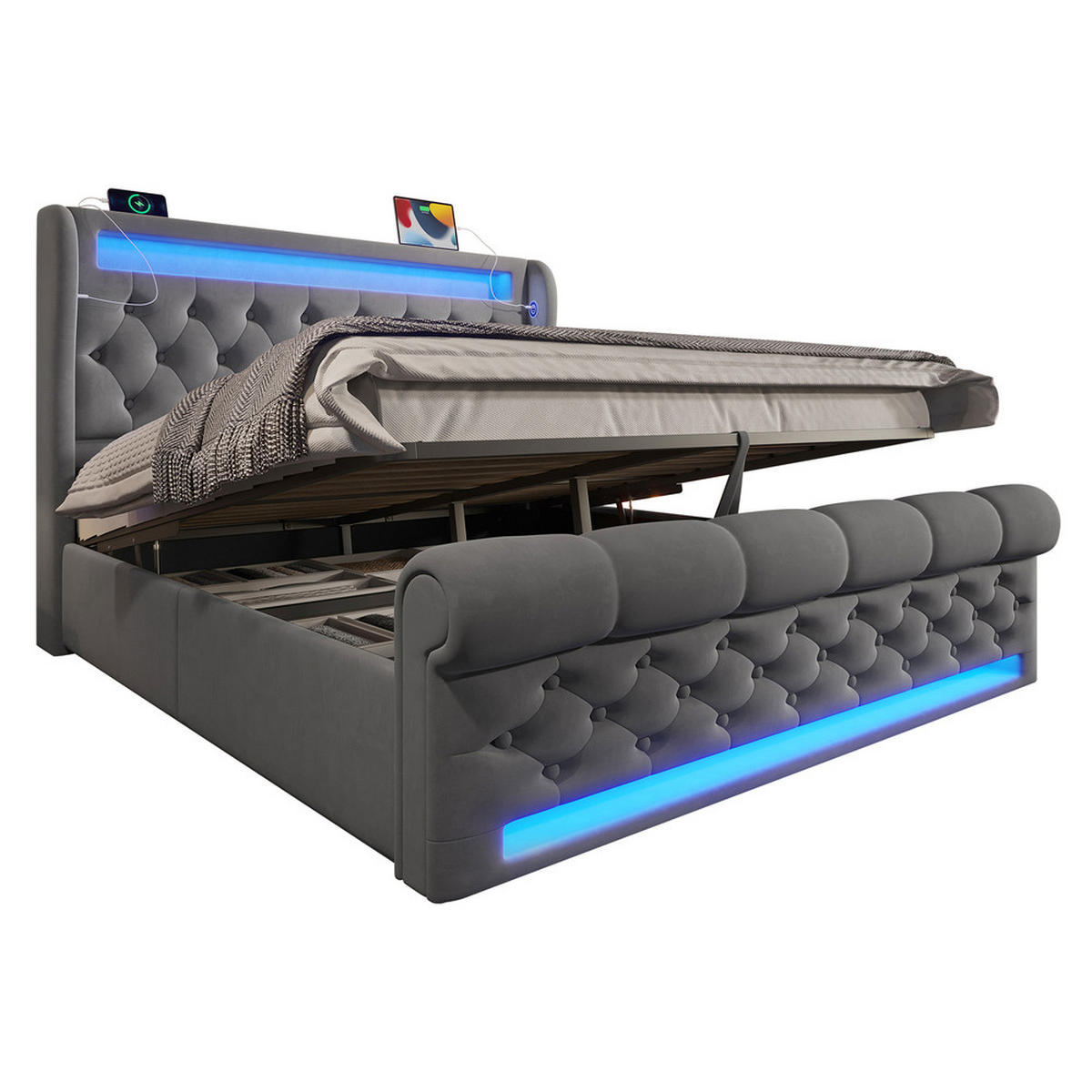 POLSTERBETT 140x200cm Doppelbett LED USB-C & Hydraulik Grau Samt - Grau, Holz (140/200cm) - FLIEKS