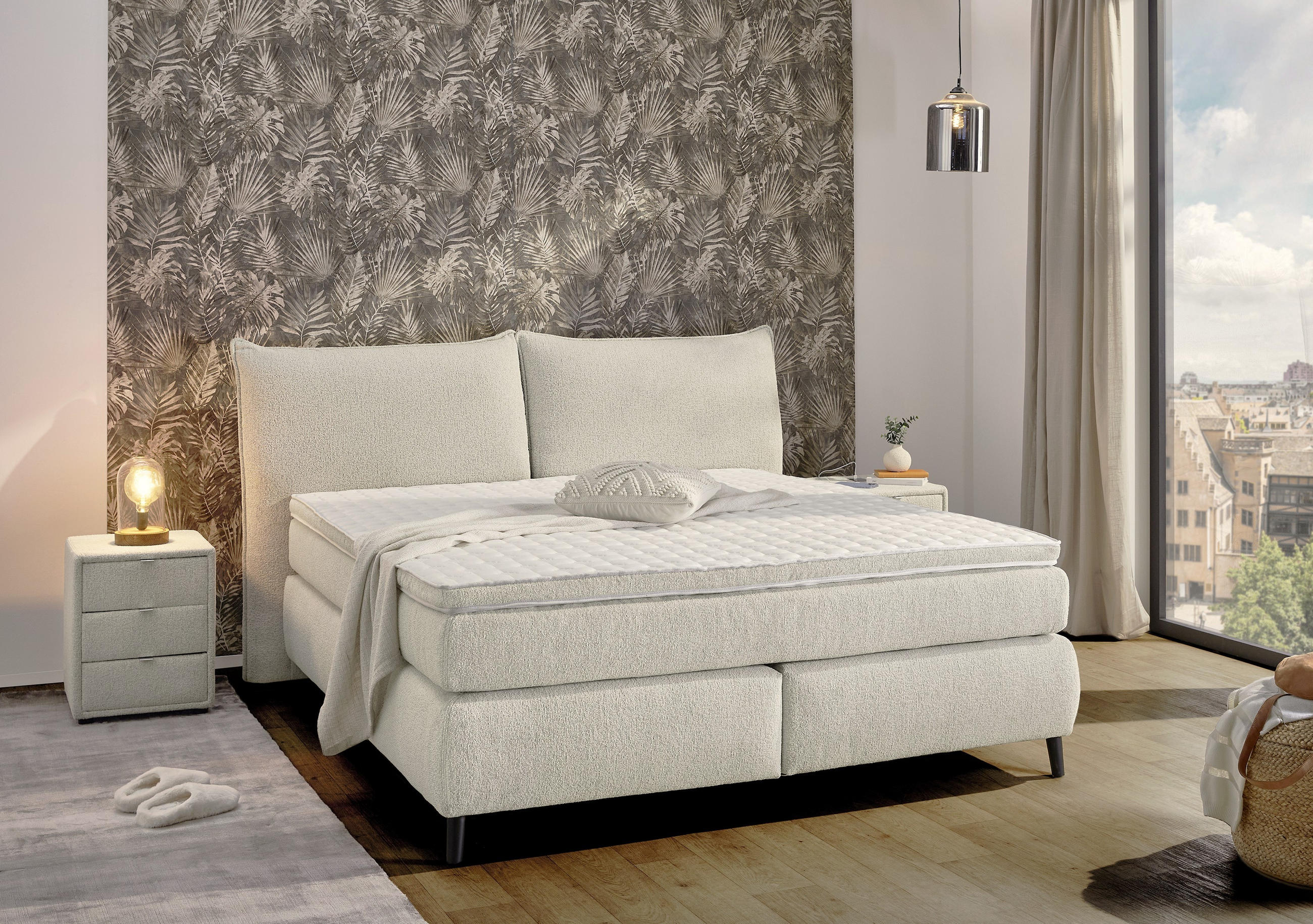 BOXSPRINGBETT 180x200 cm, Kopfteil mit Keder, 7-Zonen-Tonnentaschen-Federkernmatratzen H3, Topper, Bonell-Federkern, Flachgewebe Beige Grau / 20021 - Greige/Beige, Textil/Metall (180/200cm) - luma-home
