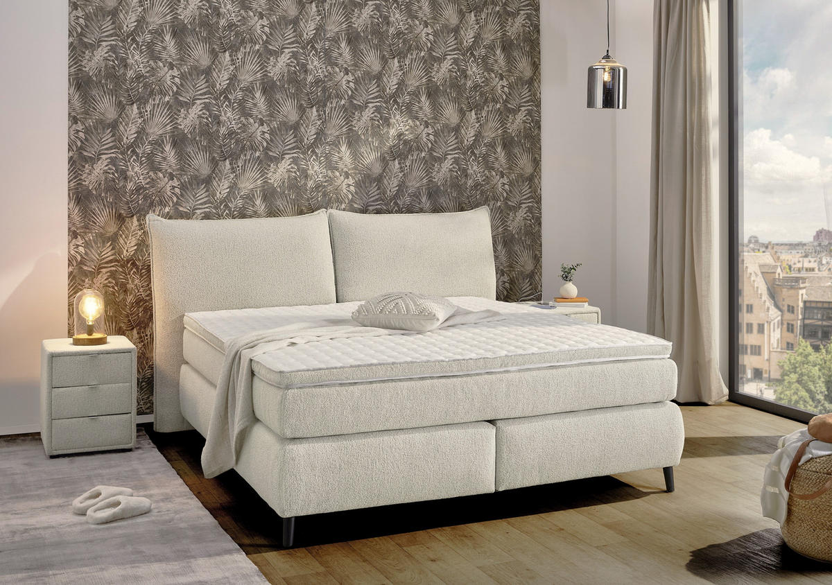 BOXSPRINGBETT 180x200 cm, Kopfteil m.Keder, 7-Zonen-Tonnentaschen-Federkernmatratzen H3+H4, Topper, Bonell-Federkern, Flachgewebe Beige Grau / 20020 - Greige/Beige, Textil/Metall (180/200cm) - luma-home