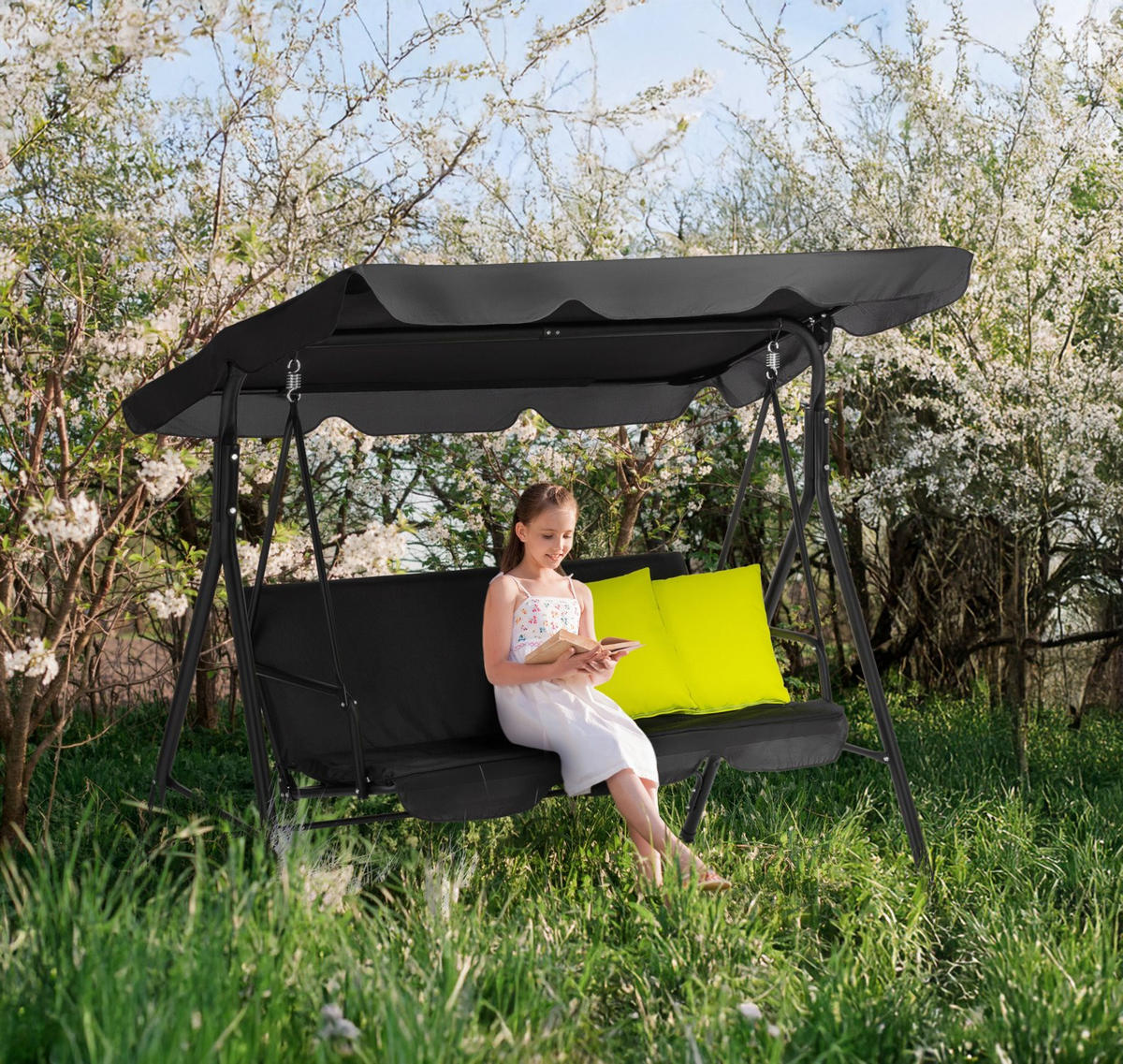 HOLLYWOODSCHAUKEL mit Sonnendach, 170/110/153 cm, 3 Personen, 2 Kissen, bis 200 kg - Goldfarben/Schwarz, Textil/Metall (170/153/110cm) - Luverno