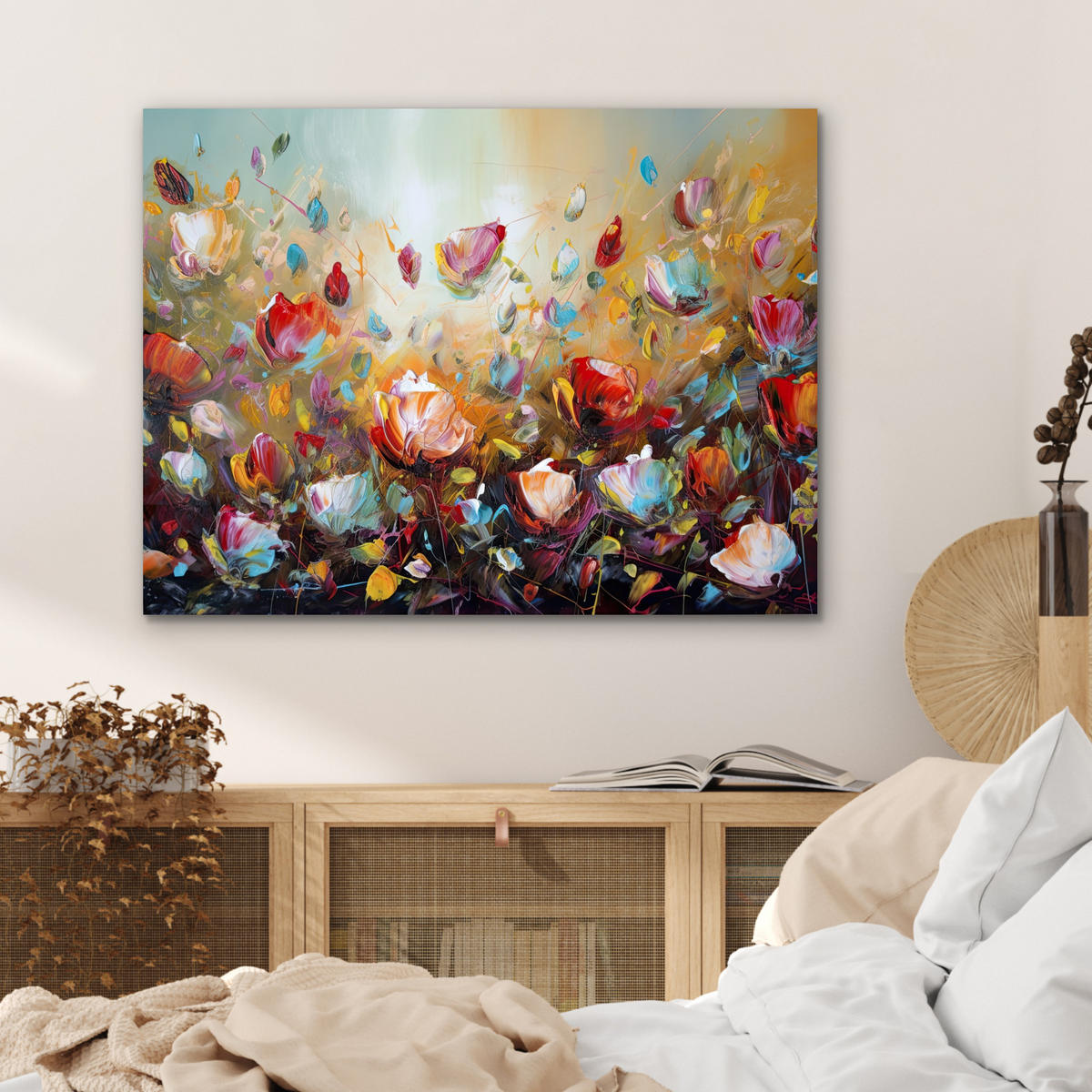 KOVOVÝ OBRAZ Kvety - Umenie - Príroda - Olejomaľba 80x60 cm - viacfarebná, kov (80/60cm) - MuchoWow