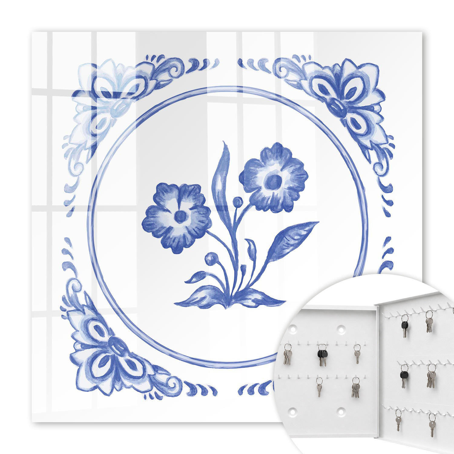 SCHLÜSSELBOX Weiß 30x30 cm – Türöffnung nach rechts - Blaue Blumen - Blau, Metall (30/30/5cm) - TULUP