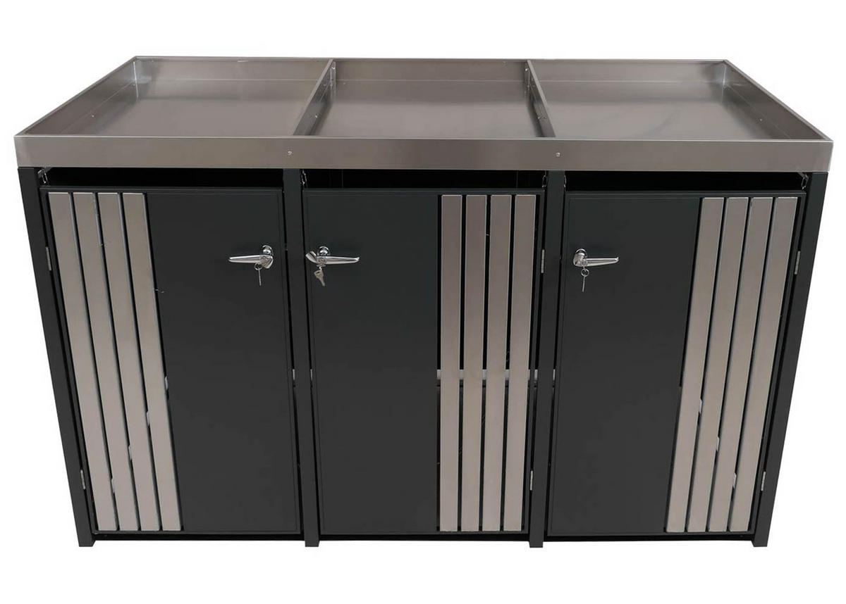 MÜLLTONNENBOX 3er mit Pflanzkasten HxBxT 125x196x84cm Anthrazit Edelstahl - Anthrazit, Metall (196/125/84cm) - PROREGAL
