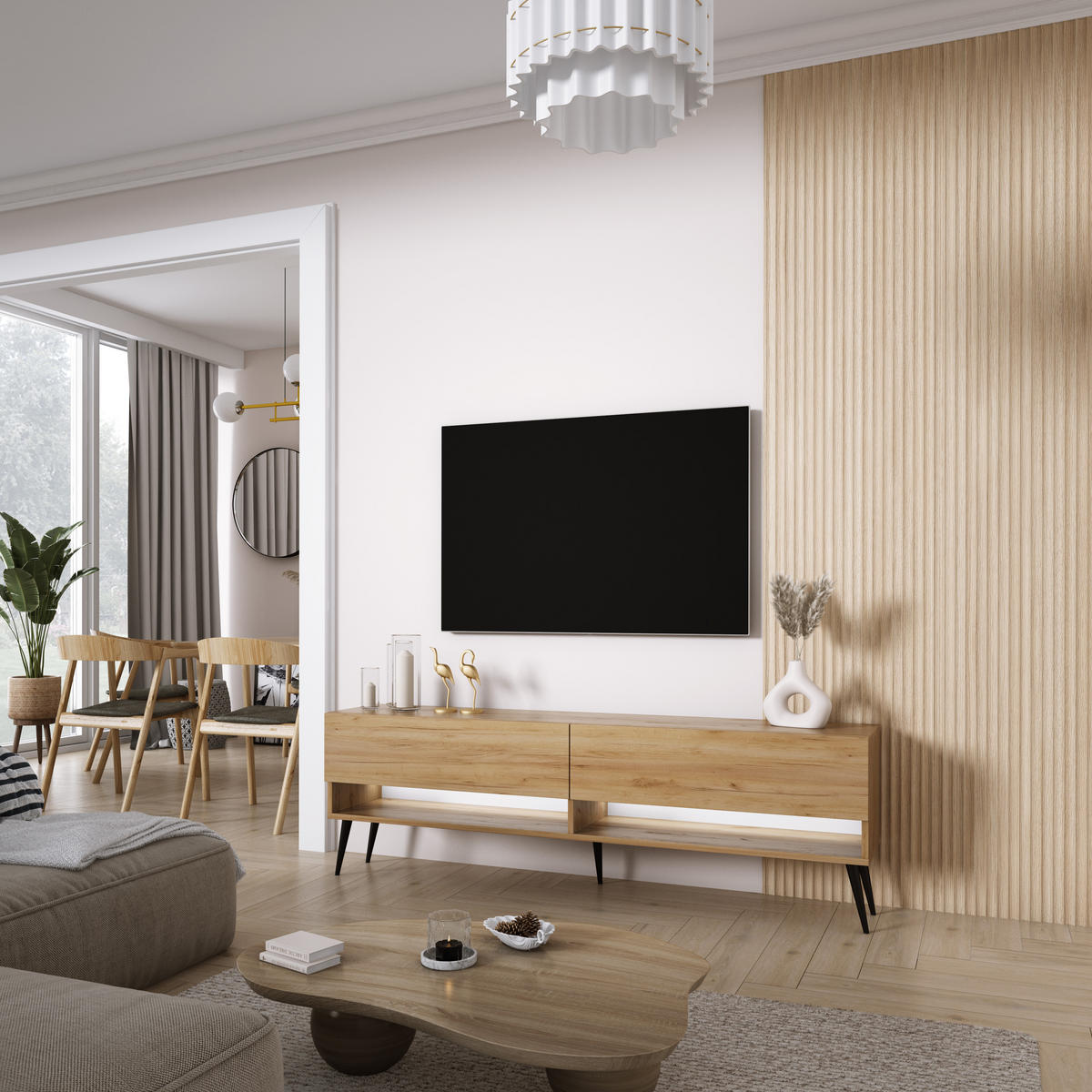 TV-LOWBOARD 170 cm Eiche Craft, schwarze schräge Beine, weiße LED, 170 × 32 × 52 cm - Braun, Holzwerkstoff (170/52/32cm) - 3XE LIVING