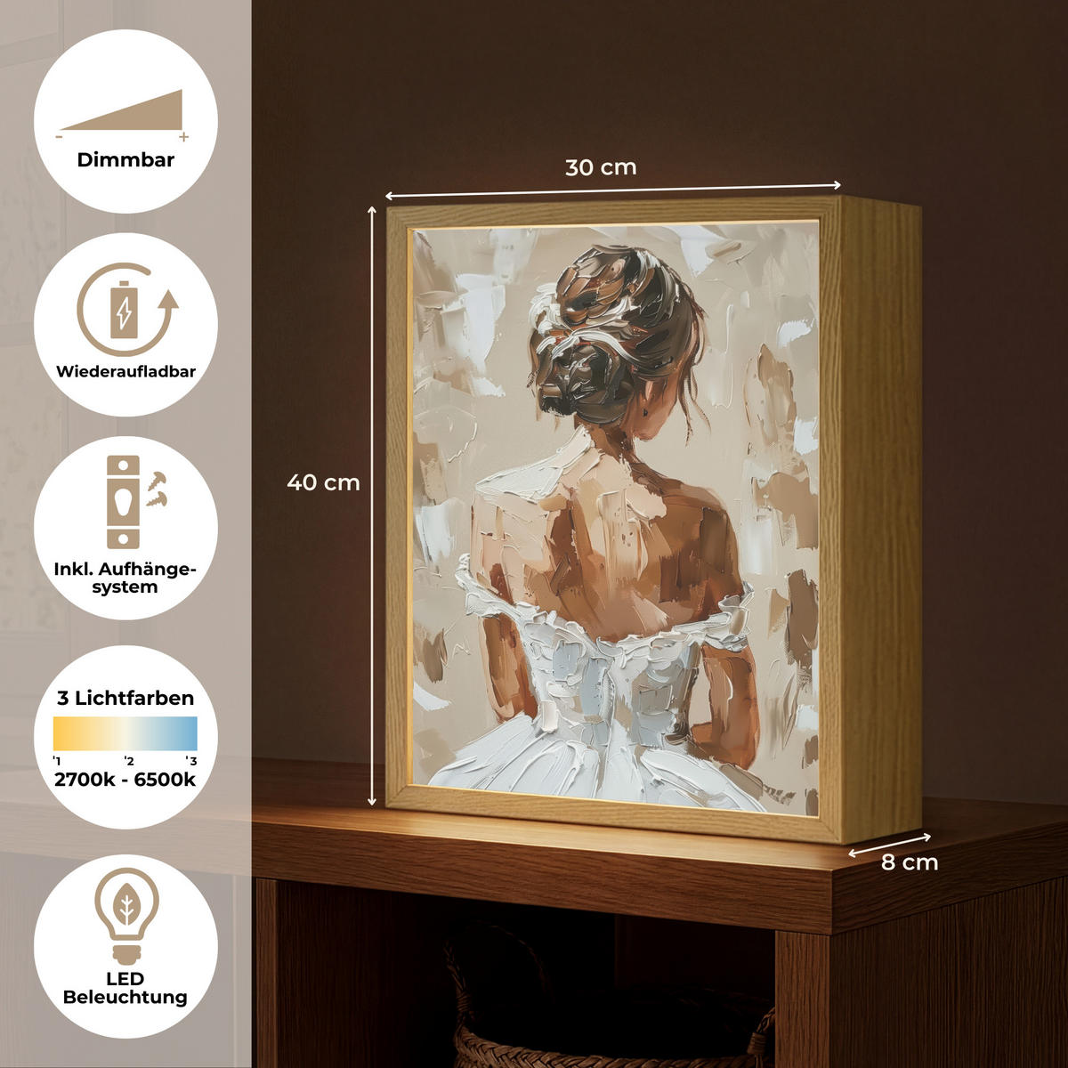 NÁSTĚNNÁ LAMPA S AKUMULÁTOREM Žena - malba - abstraktní - béžová - moderní 30x40 cm - světle hnědá, kompozitní dřevo (30/40/8cm) - OnlyWow