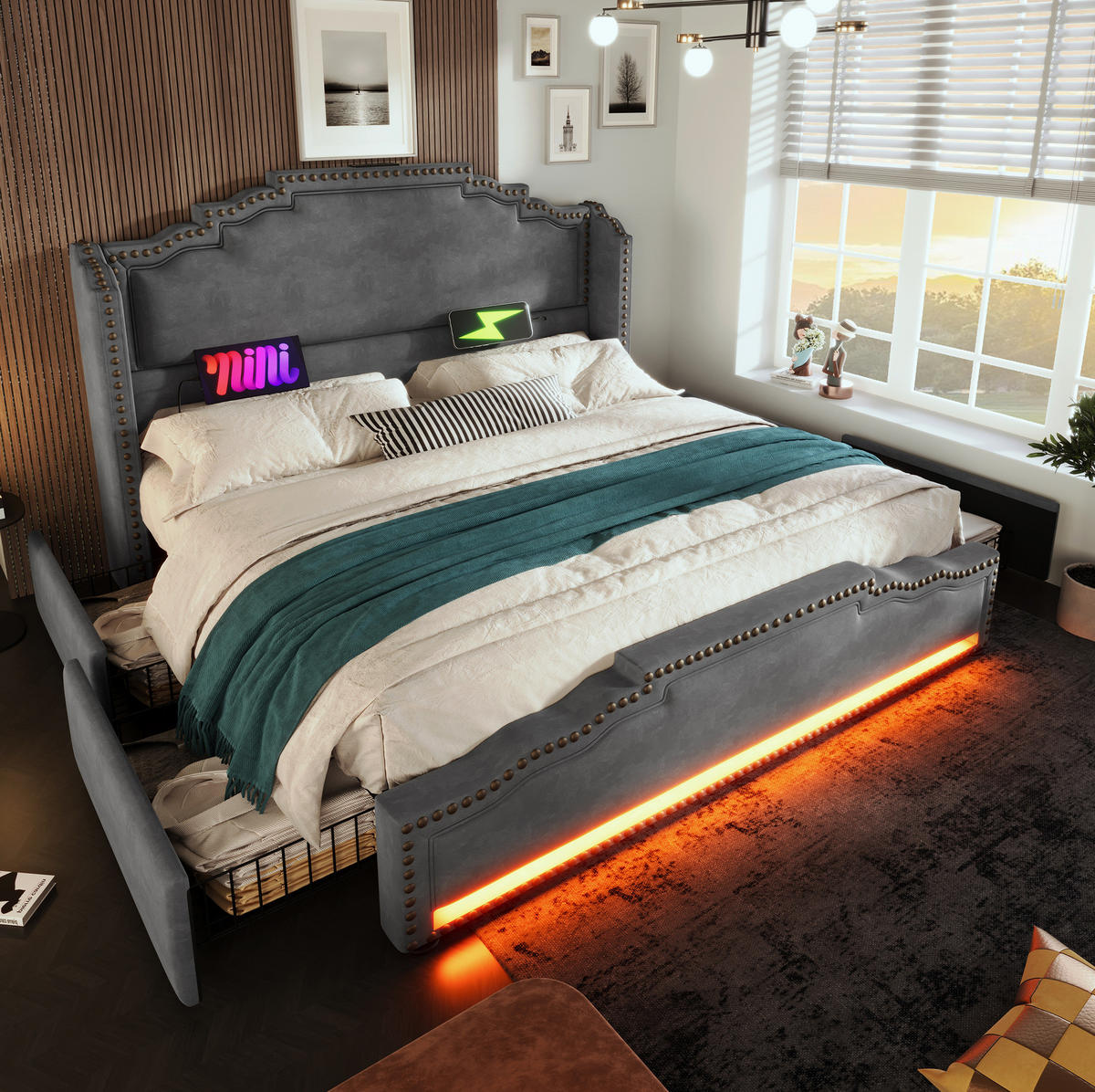 POLSTERBETT 160/200 cm Grau aus Samt mit 4 Schubladen und LED-Beleuchtung - Grau, Textil (160/200cm) - Flora Grace