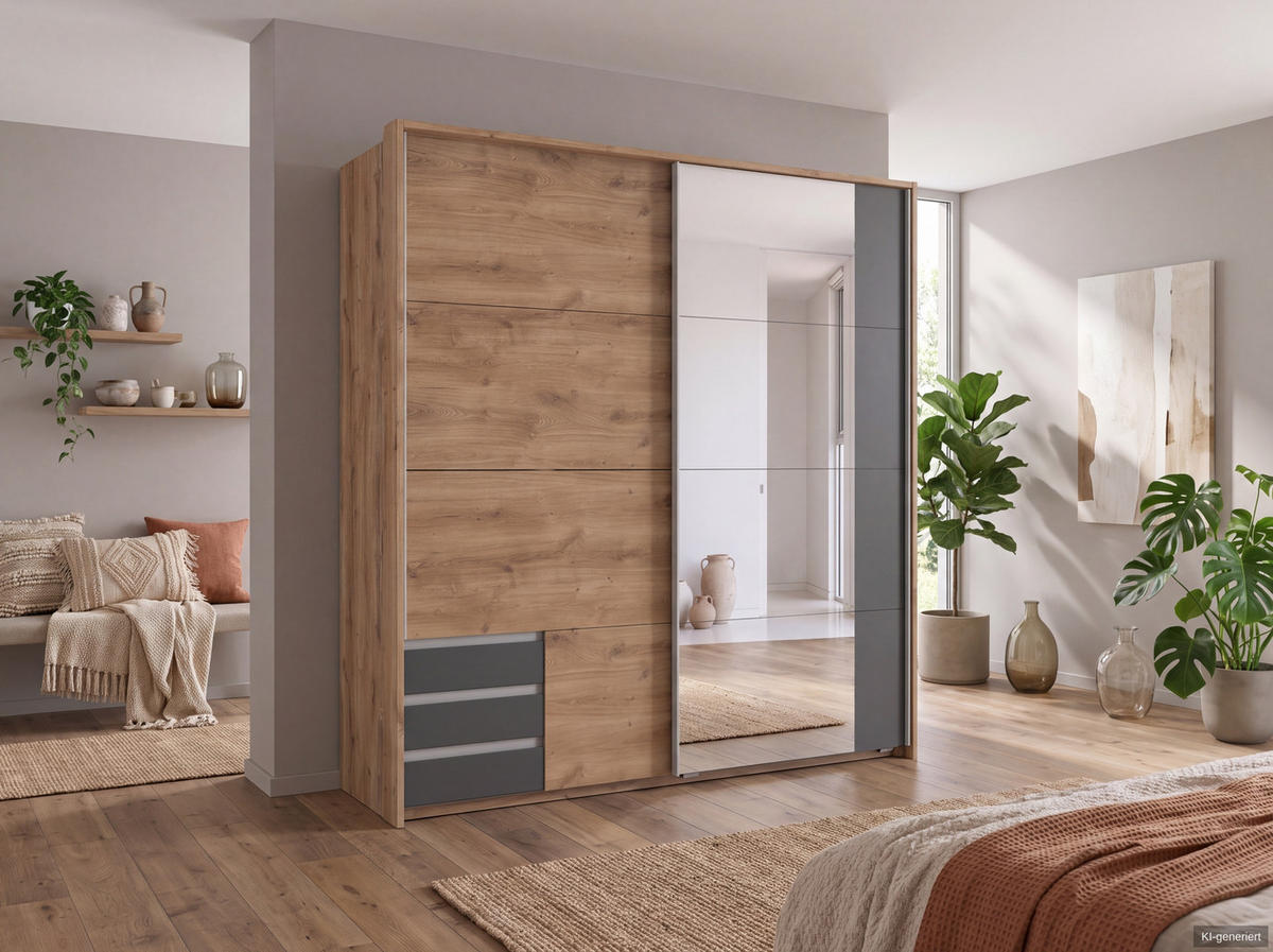 SCHWEBETÜRENSCHRANK 2-türig B183/H200/T65 cm, Passepartout-Kleiderschrank in Eiche Dekor mit Spiegel, 1x Tür & sichtbare Schubkästen in Grafit / 22713 - Eichefarben/Alufarben, Holz/Holzwerkstoff (183/200/65cm) - luma-home