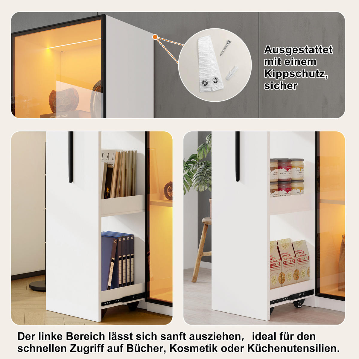VITRINE 70/40/160 cm weiß aus MDF mit Side-Pull und LED - Weiß, Holzwerkstoff (70/160/40cm) - OKWISH