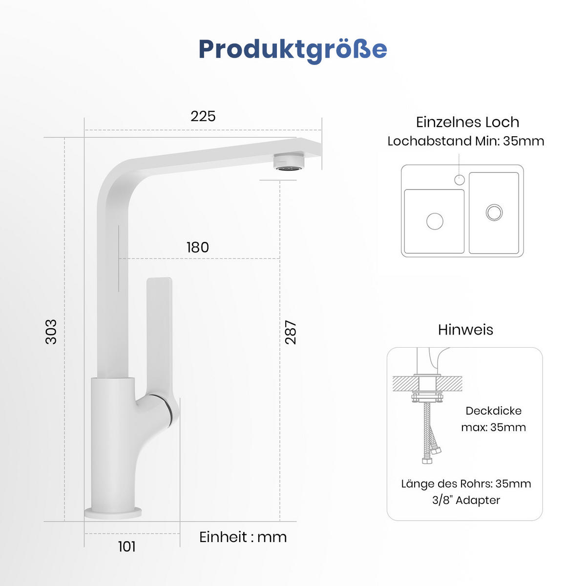 KÜCHENARMATUR mit 360° Drehbar Edelstahl Einhebelmischer Weiß Matt - Weiß, Metall (22.5/10.1/30.3cm) - EMKE