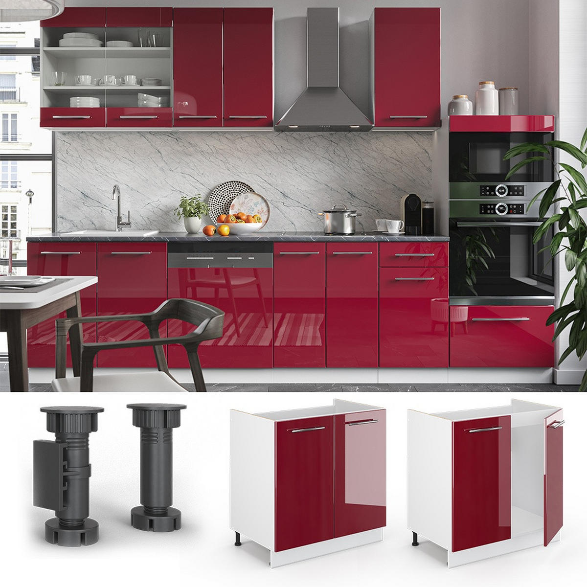 SPODNJA OMARICA ZA POMIVALNO KORITO Fame-Line Bordo rdeča barva visokega sijaja 80 cm , DP Marmor - bela/bordo, leseni material (80/82/60cm) - Vicco