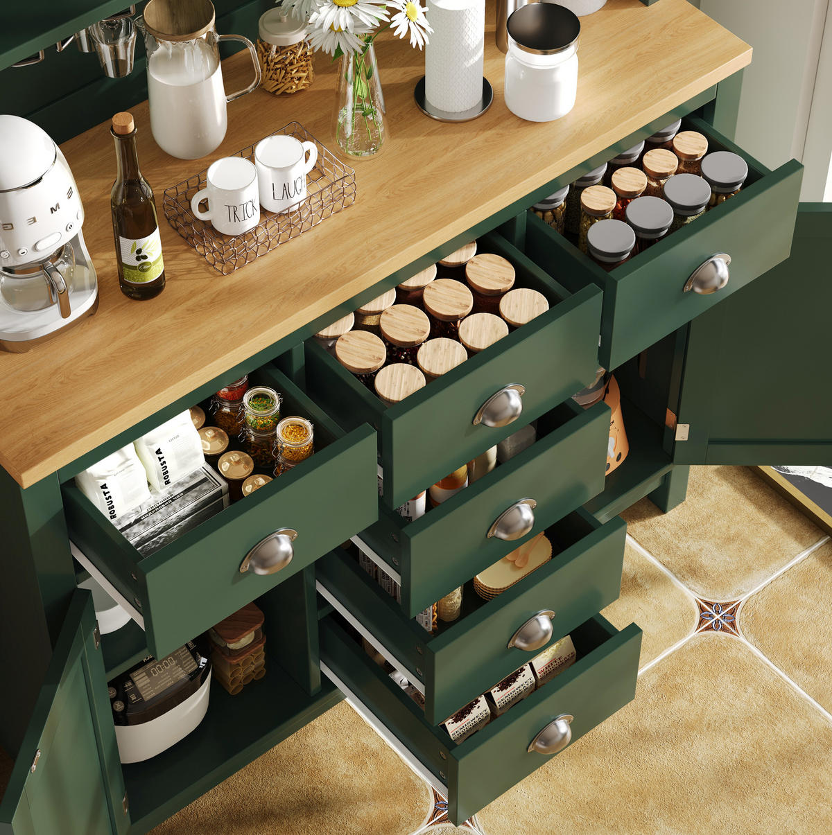 BUFFETSCHRANK mit LED-Lichtleiste 104x40x180 cm MDF Grün - Grün, Holzwerkstoff (40/180/104cm) - Meubliv