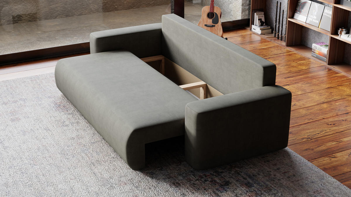 SOFA Bubi mit Bettkasten und Schlaffunktion, Velourstoff - Hellgrau, Holzwerkstoff (242/85/95cm)