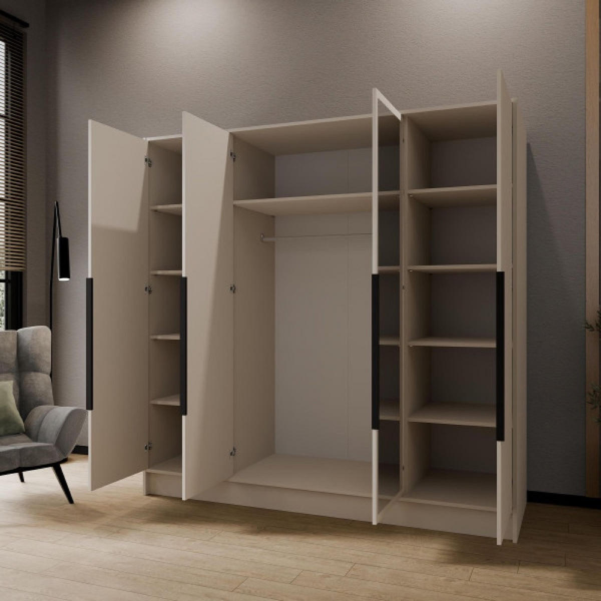 SCHRANK Kaschmir LUSO Mit Spiegel Und Schwarzen Griffen 200 g - Kaschmir/Beige, Holzwerkstoff (200/200/51cm) - Sepro Meble