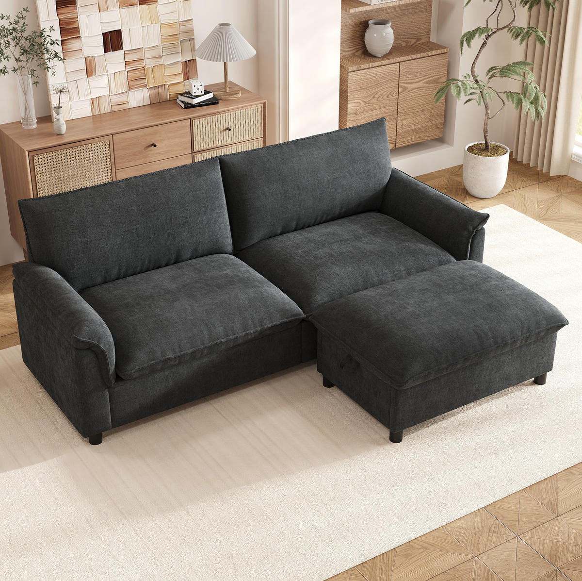 SOFA mit Hocker und Stauraum B 216 x T 77 x H 82 cm Chenille Black - Schwarz, Holzwerkstoff (77/216cm) - Meubliv