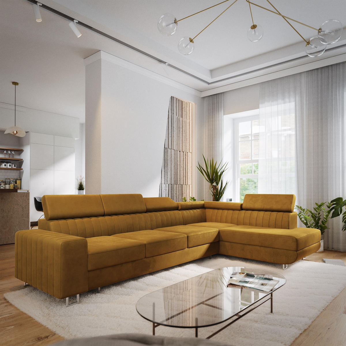 ECKSOFA HESTION Gelb Velours-Stoff mit Schlaffunktion - Gelb, Holz (332/190cm) - MASSENO