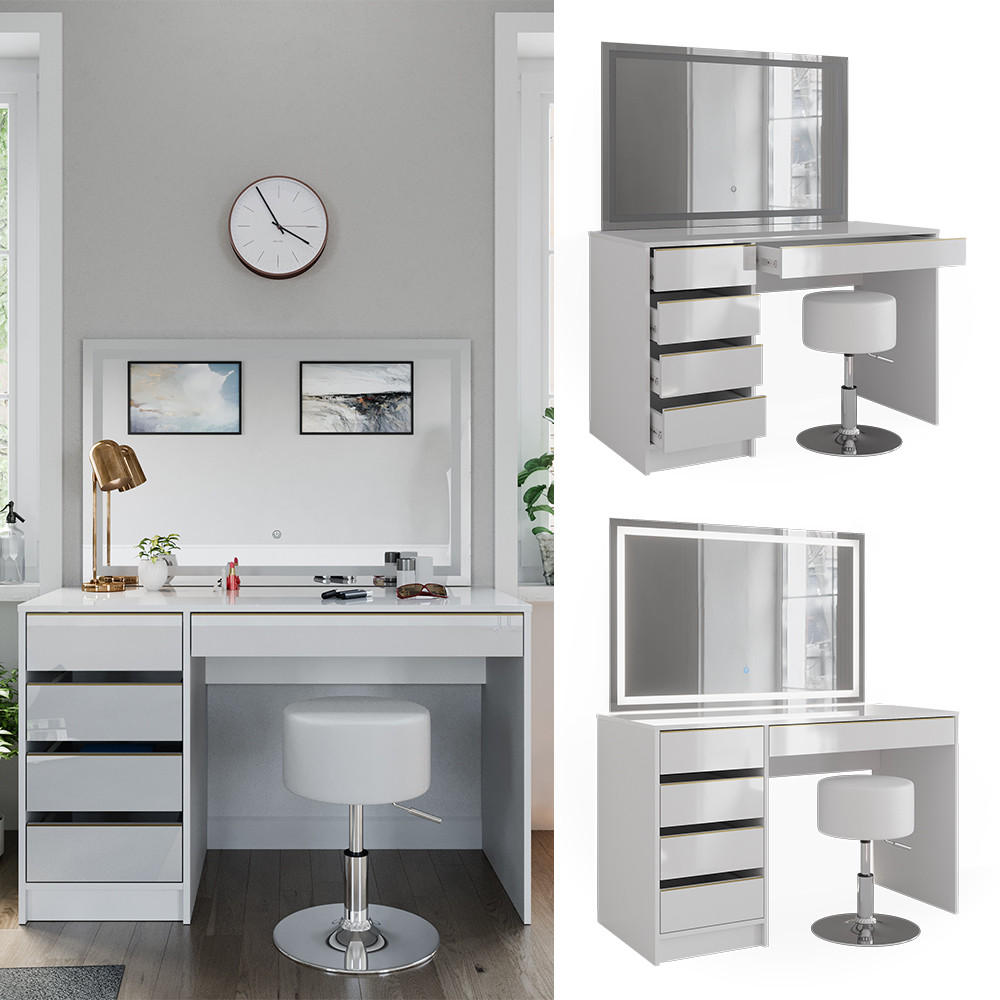 SCHMINKTISCH Sherry Weiß/Gold 120 cm mit LED-Spiegel und Hocker - Goldfarben/Weiß, Holzwerkstoff (120/75/55cm) - Vicco