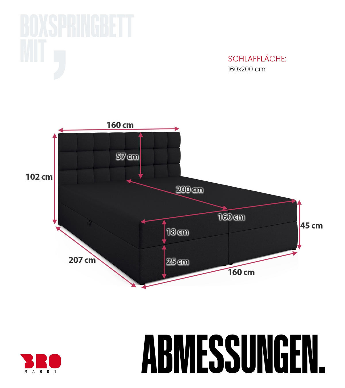BOXBETT Dakota mit Topper 160/200 Schwarz - Schwarz, Textil (160/200cm) - Bromarkt