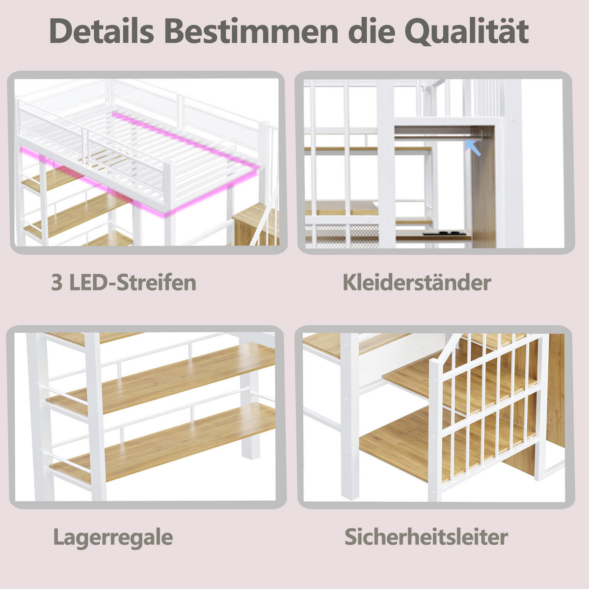 HOCHBETT 90/200 cm in Weiß mit LED, Steckdose und Regal - Weiß, Holzwerkstoff/Metall (90/200cm) - WISHDOR