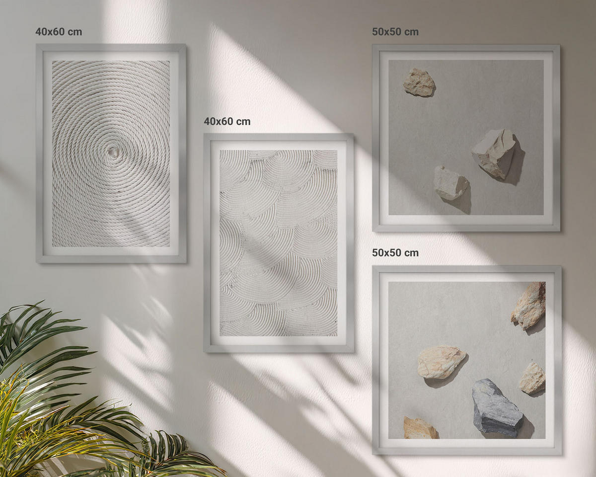 WANDBILDER 4er Set - 50x50 cm & 40x60 cm Silberner Rahmen - Geometrische Pappsteine - Silberfarben, Kunststoff (50/50cm) - ArtPrintCave