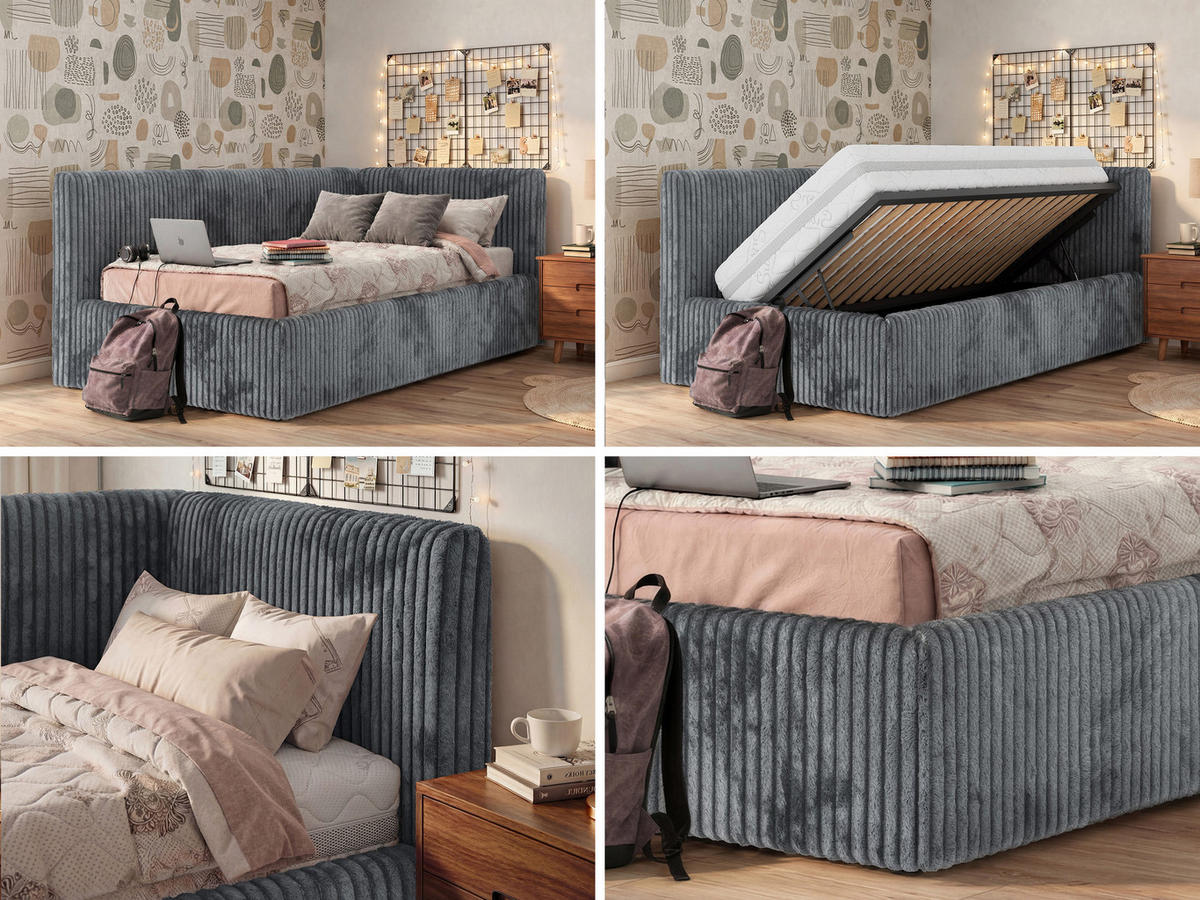 POLSTERBETT TILVO 90/200 - Grau Cord - Ohne Matratze - Rechts - Grau, Textil (200/90cm) - MKS