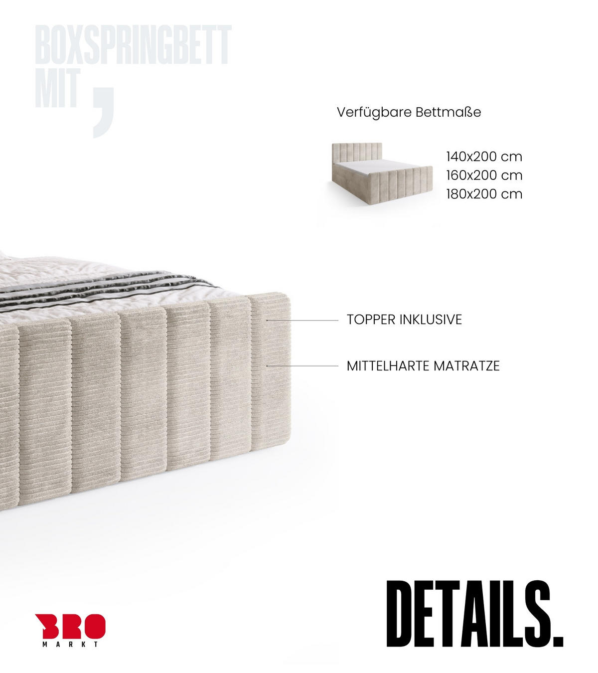 BOXSPRINGBETT Denver DUO mit Topper 180x200 Vanilla - Weiß, Textil (180/200cm) - Bromarkt