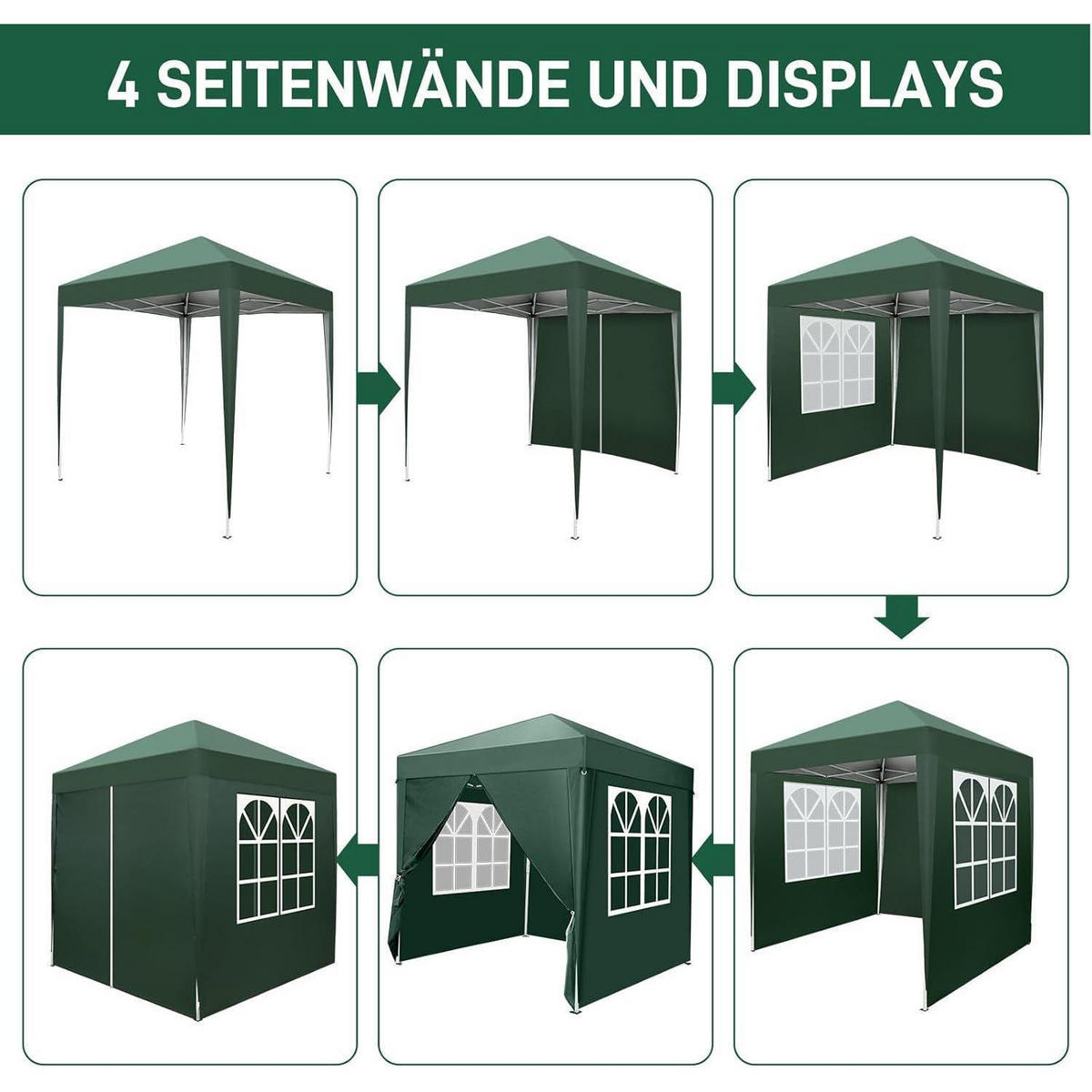 FALTPAVILLON 2 x 2 m Grün UV-Schutz 50+ Wasserdicht Höhenverstellbar mit 4 Seitenteilen - Grün, Textil (200/255/200cm)