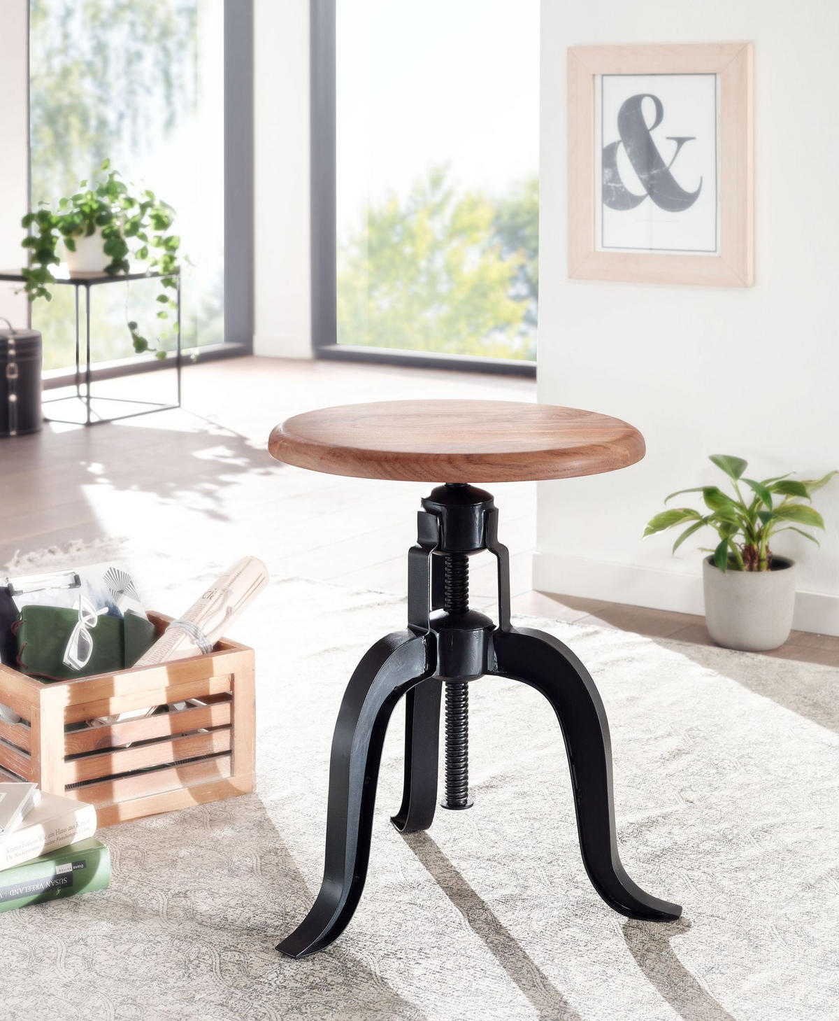 DREHHOCKER – Akazie Massivholz/Eisen, höhenverstellbar, Industrial-Stil - Schwarz/Braun, Holz/Metall (39/48/39cm) - KADIMA DESIGN