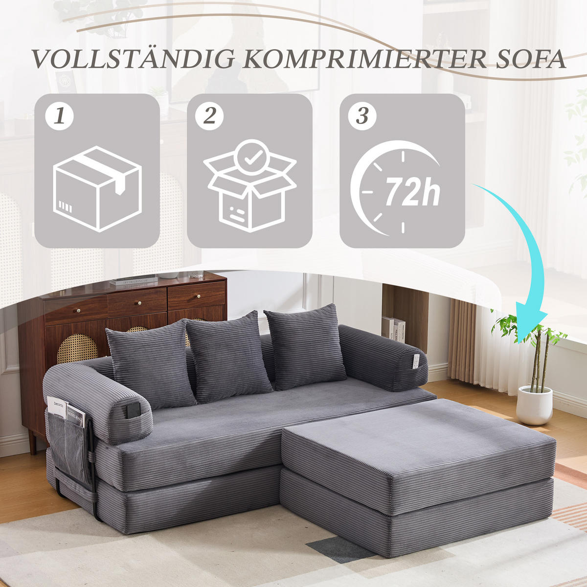 ECKSOFA Cord Dunkelgrau mit Hocker, Kissen und Seitentasche - Dunkelgrau, Textil/Metall (218/285cm) - WISHDOR