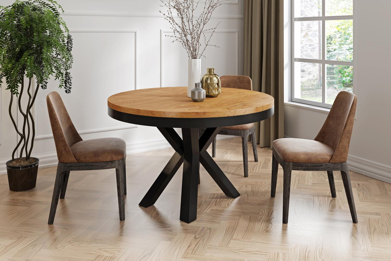 ESSTISCH Clara runder ausziehbarer, Lancelot Eiche 120-200/120/76 cm - Eichefarben/Schwarz, Holzwerkstoff/Metall (120/120/76cm) - WFL GROUP