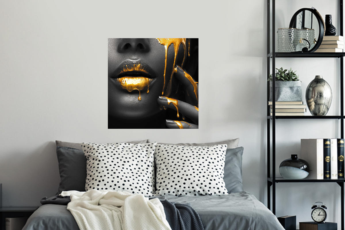 WANDTATTOO Frau - Schwarz - Gold - Gesicht - Lippen 50x50 cm - Goldfarben, Kunststoff (50/50/0.1cm) - MuchoWow